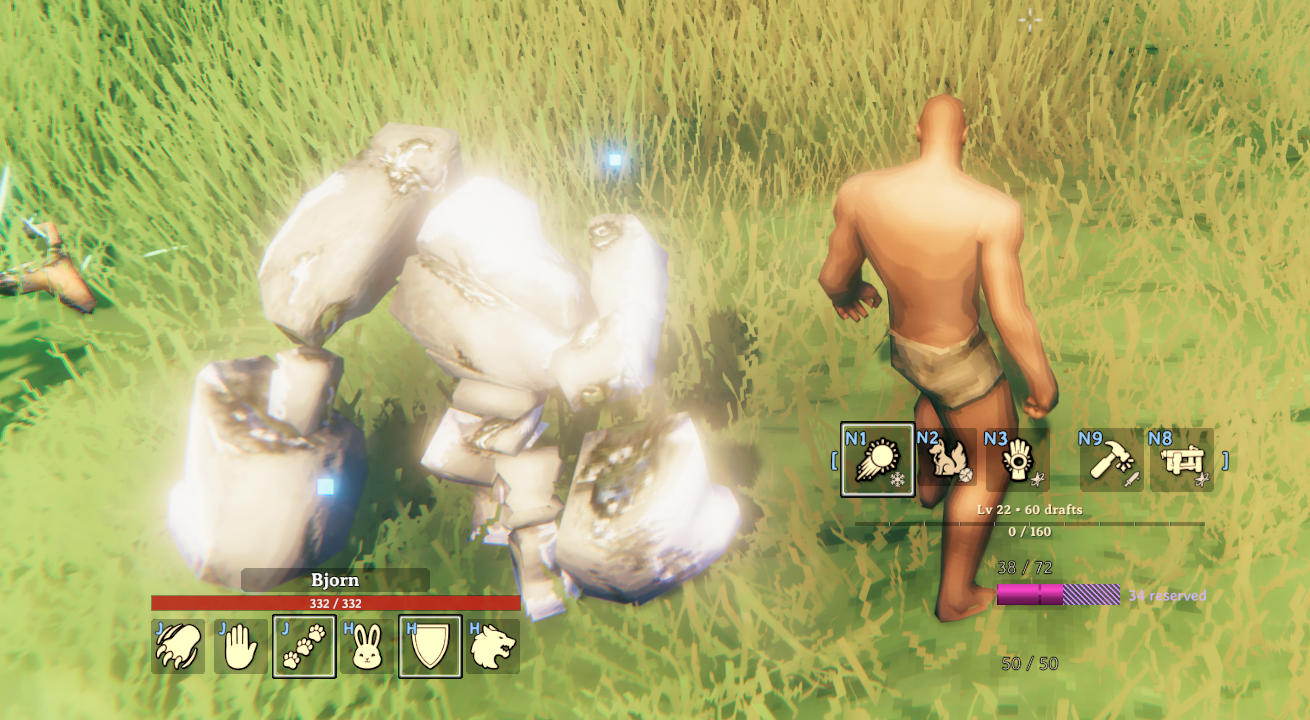An Earth Golem pet with its own ability bar. The hatched part of your eitr bar is held back while it is out.