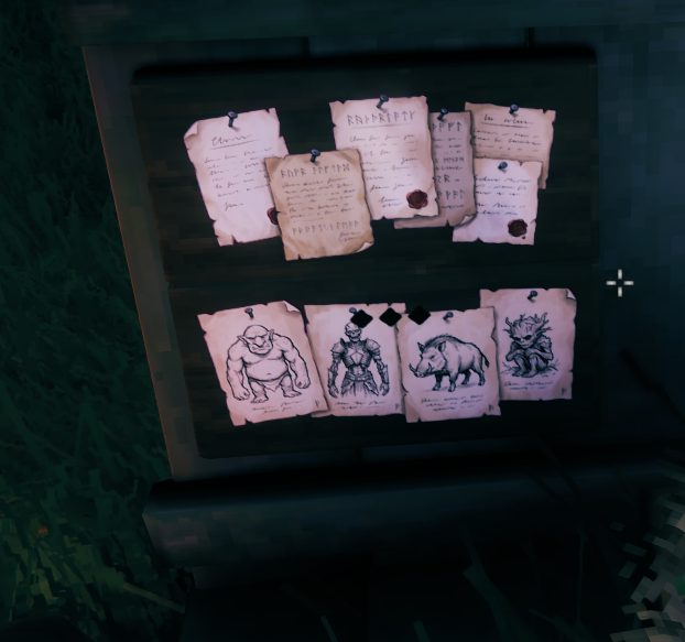 The quest board: notices on the top board, wanted posters on the bottom.
